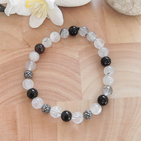 Handmade Gemstone Stretch Bracelet - Rutilated Quartz and Black Onyx-Stretch Braclets-Serenity Gifts