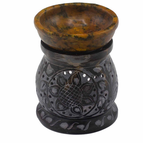 Soapstone Oil Burner 10cm - Mandala Flower - Black & Yellow-Oil Burner-Serenity Gifts