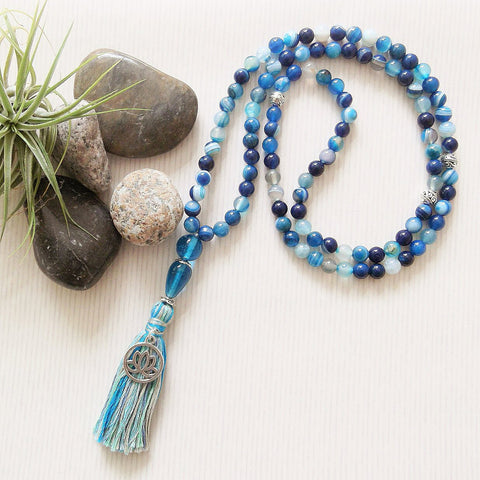 Handmade Mala Beads - Striped Banded Agate - Ocean Blue-Mala Beads-Serenity Gifts