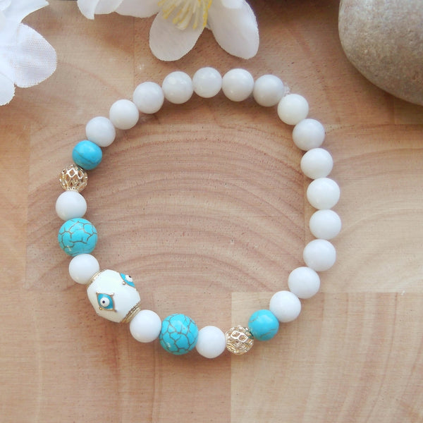 Handmade Gemstone Stretch Bracelet - White Jade with Evil Eye Bead-Stretch Braclets-Serenity Gifts