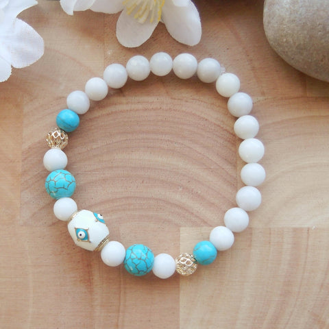 Handmade Gemstone Stretch Bracelet - White Jade with Evil Eye Bead-Stretch Braclets-Serenity Gifts