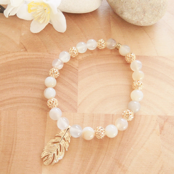 Handmade Gemstone Stretch Bracelet - Moonstone with Leaf Charm-Jewellery-Serenity Gifts