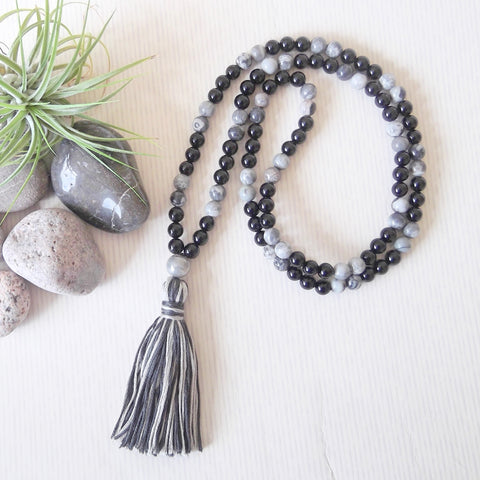 Handmade Mala Beads - Black Onyx and Silver Smoke Jasper-Mala Beads-Serenity Gifts