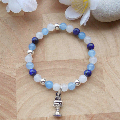 First Communion Handmade Bracelet - White Blue Jade-Holy Communion-Serenity Gifts