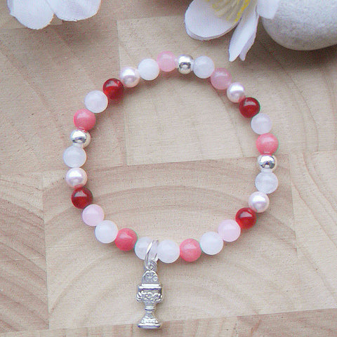 First Communion Handmade Bracelet - White Pink Jade-Holy Communion-Serenity Gifts