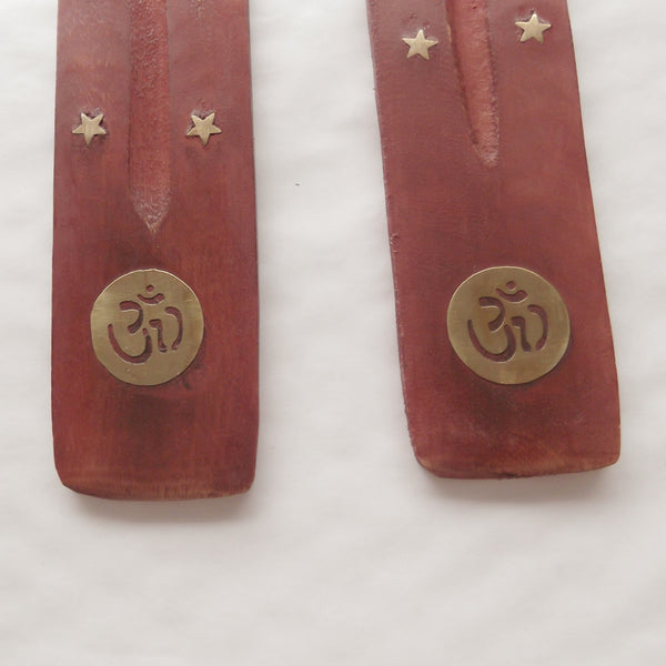 Brass Inlaid Incense Holder/ Ashcatcher - Mango Wood - Ohm-Incense holder-Serenity Gifts