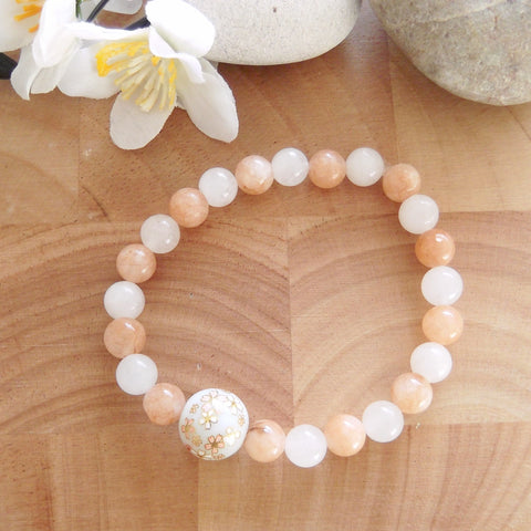 Handmade Gemstone Stretch Bracelet - White Jade and Sunstone-Stretch Braclets-Serenity Gifts